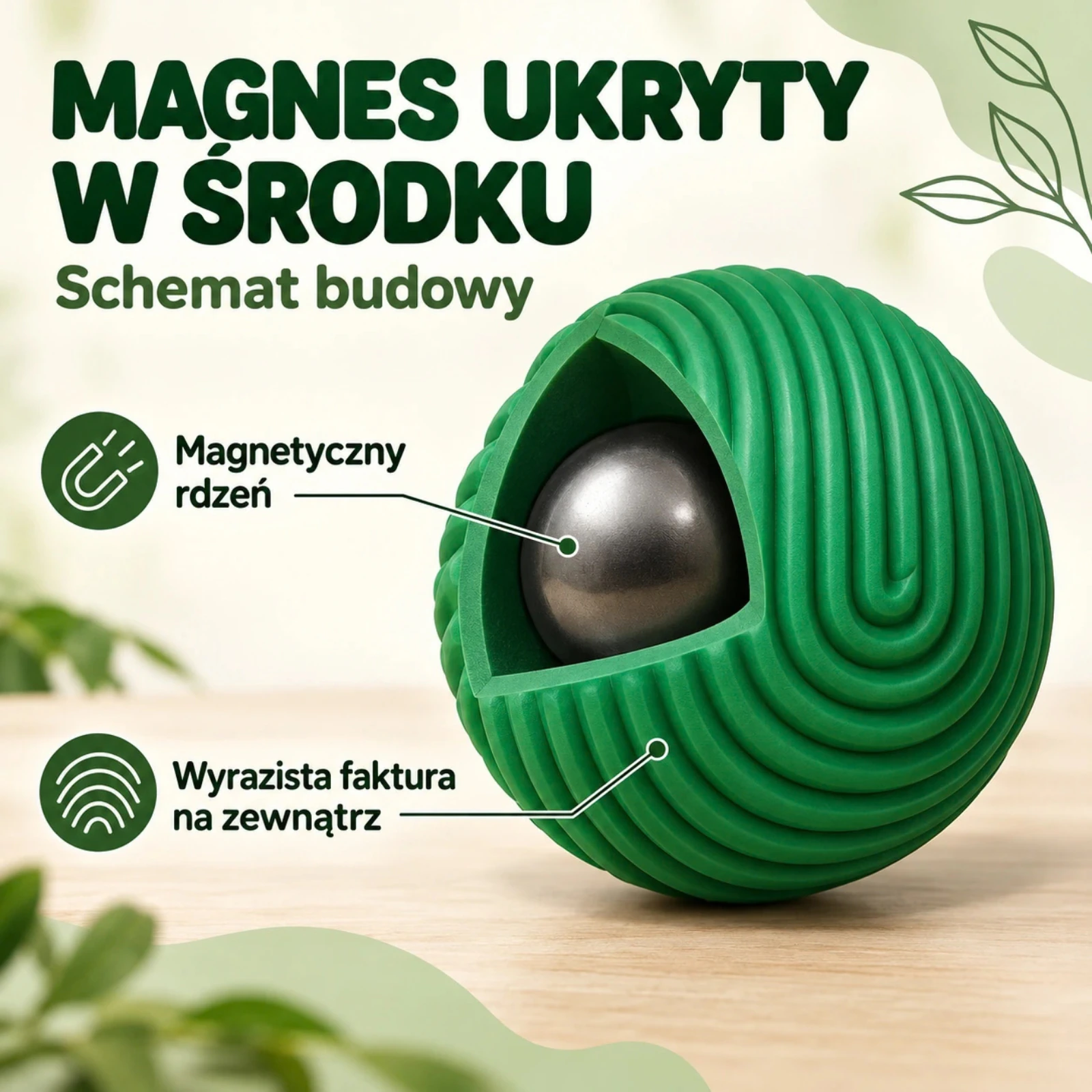 Schemat kulki Fala: faktura na zewnątrz i magnetyczny rdzeń wewnątrz