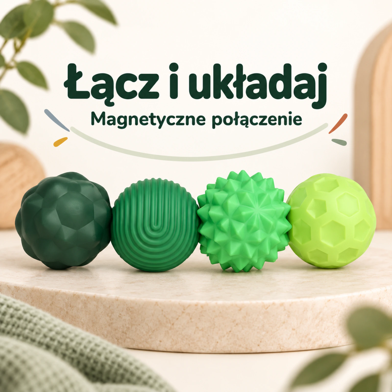 Cztery zielone kulki Moodles połączone magnetycznie w łańcuch