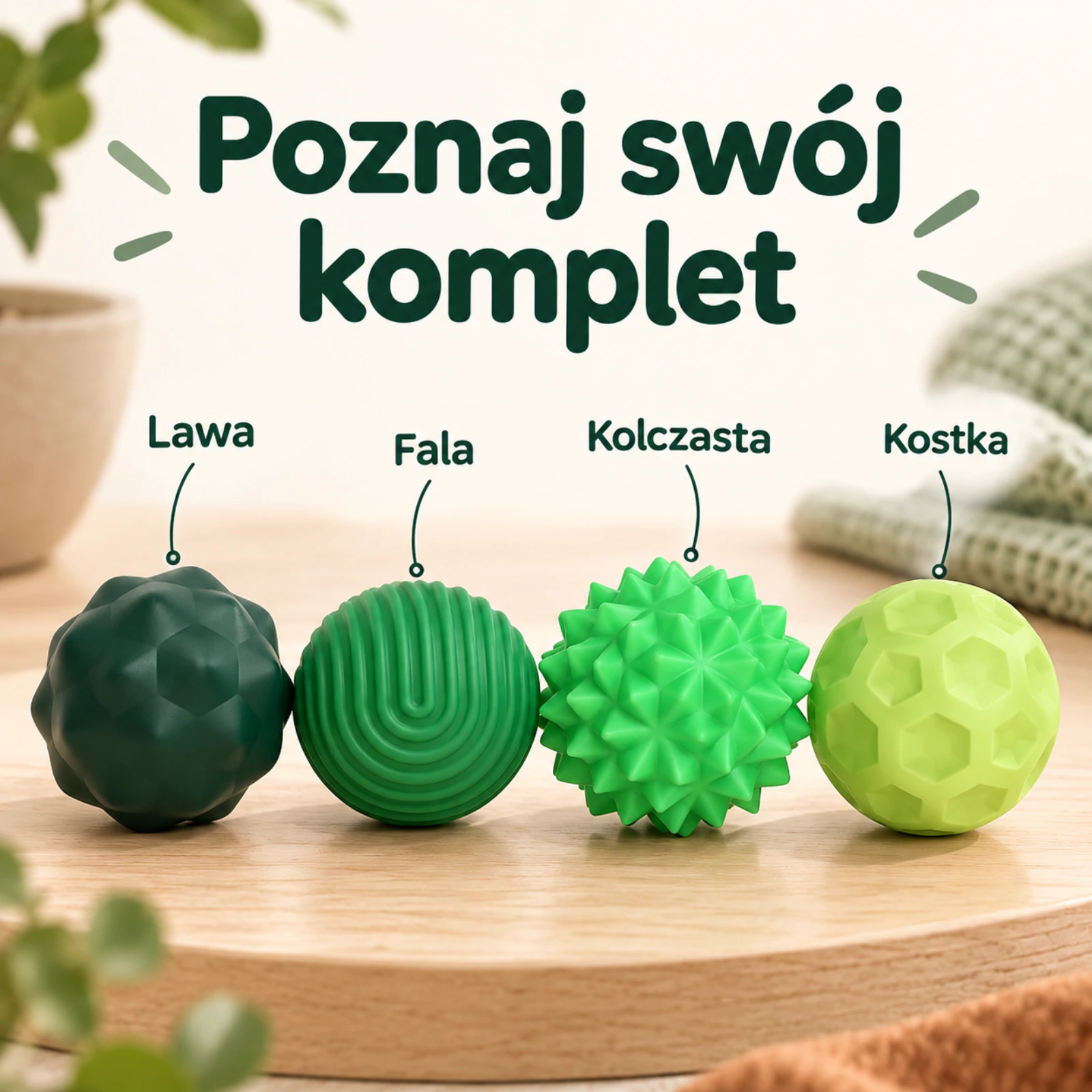 Poznaj swój komplet Moodles: cztery zielone kulki o fakturach Lawa, Fala, Kolczasta i Kostka