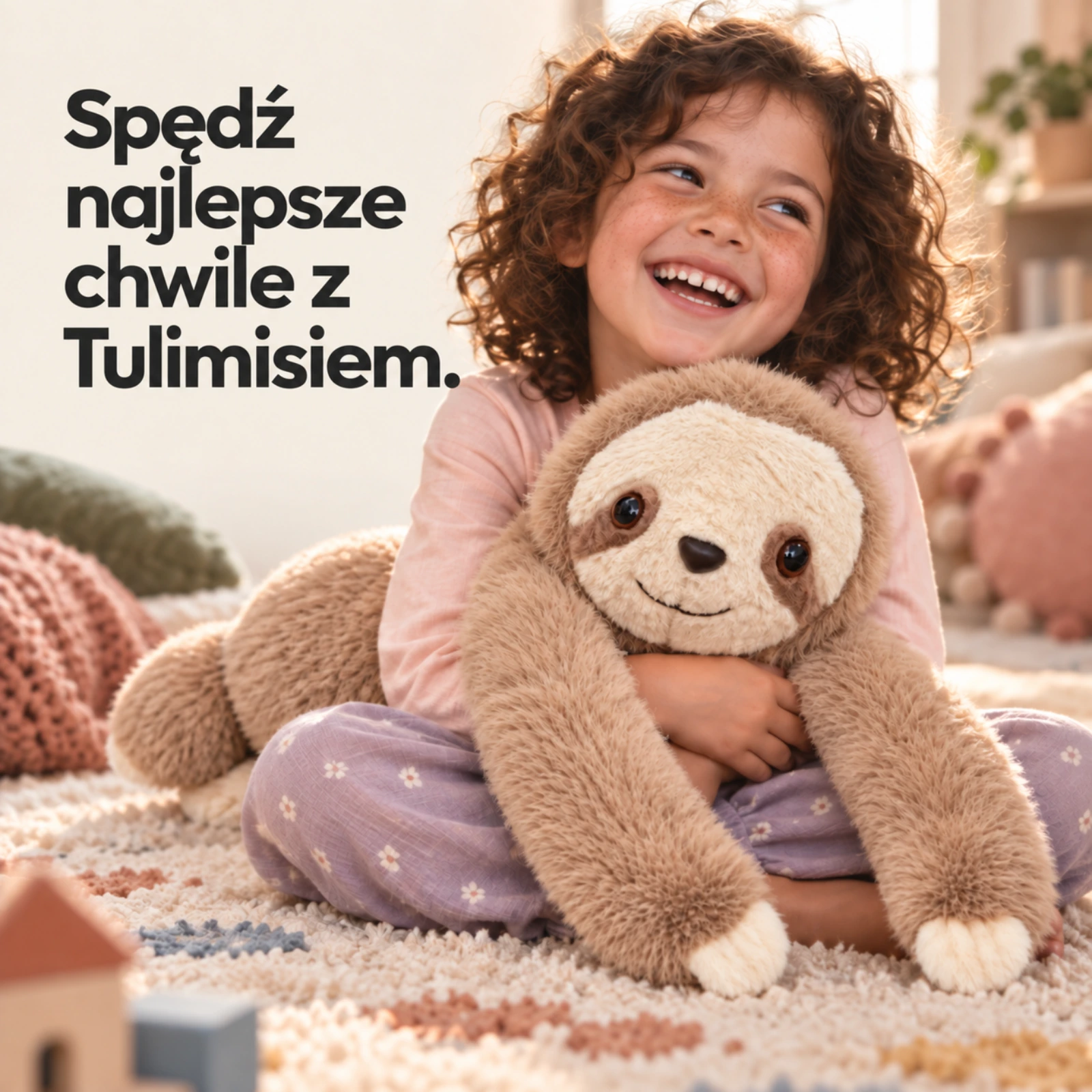 Uśmiechnięta dziewczynka przytula Tulimisia leniwca, siedząc na dywanie