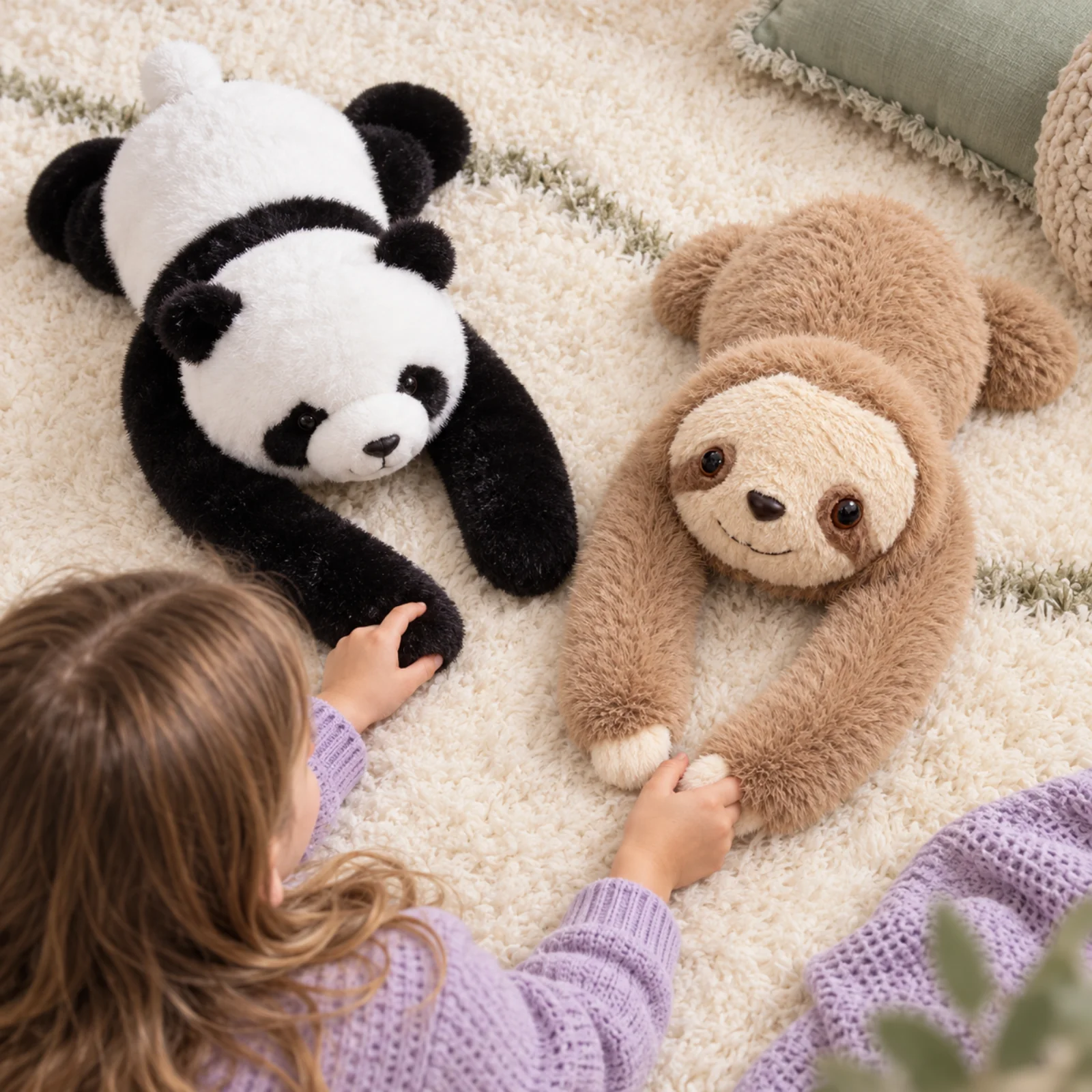 Tulimiś panda i leniwiec leżą obok siebie na dywanie, widok z góry