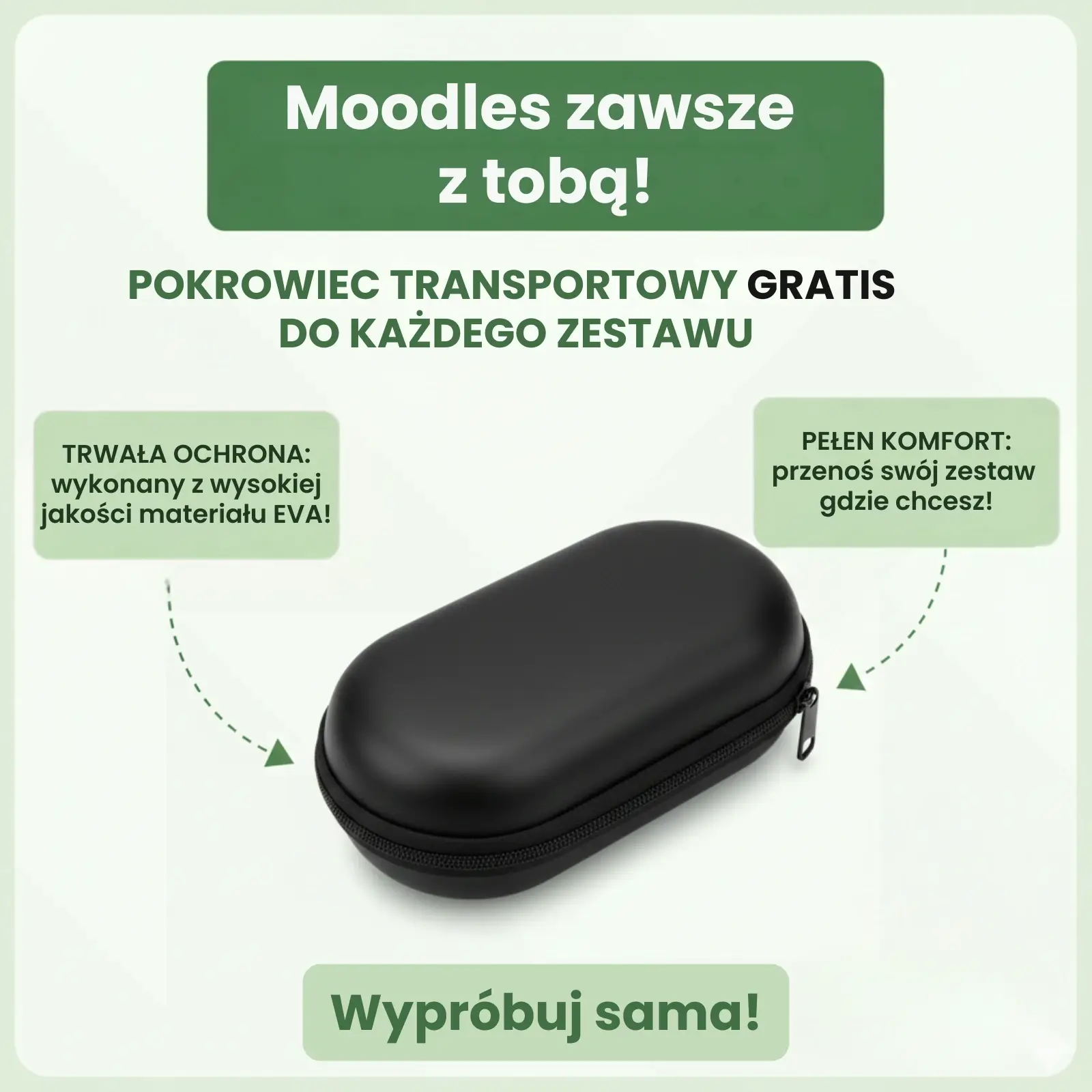 Moodles Zawsze z Tobą – Trwałe Etui Podróżne EVA GRATIS do Każdego Zestawu Czarne, twarde etui transportowe z materiału EVA zapinane na zamek. Grafika informująca o darmowym pokrowcu do zestawu Moodles.