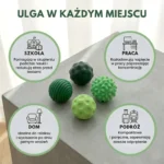 Infografika stosowania kulek Moodles: redukcja stresu w szkole i pracy, relaks w domu oraz kompaktowy rozmiar w podróży.