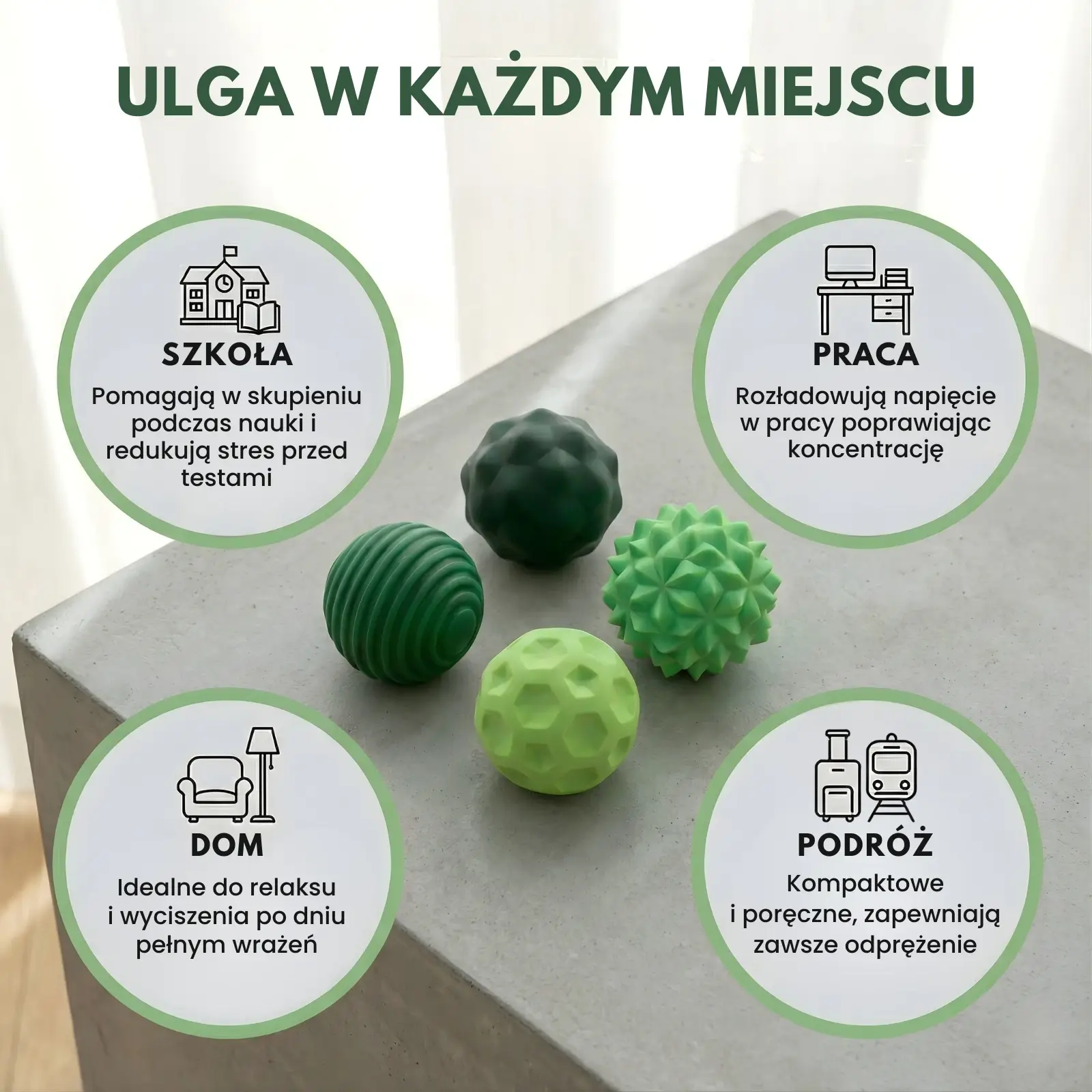 Infografika stosowania kulek Moodles: redukcja stresu w szkole i pracy, relaks w domu oraz kompaktowy rozmiar w podróży.