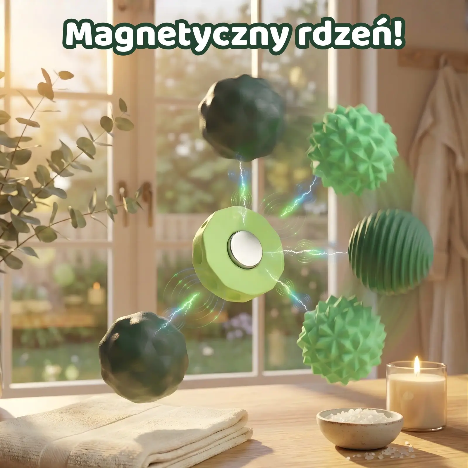 Innowacyjne Piłeczki Sensoryczne z Magnetycznym Rdzeniem – Głęboka Stymulacja i Relaks Przekrój piłeczki sensorycznej pokazujący metalowy magnes w środku. Piłki lewitują i przyciągają się w scenerii łazienkowego SPA ze świecami